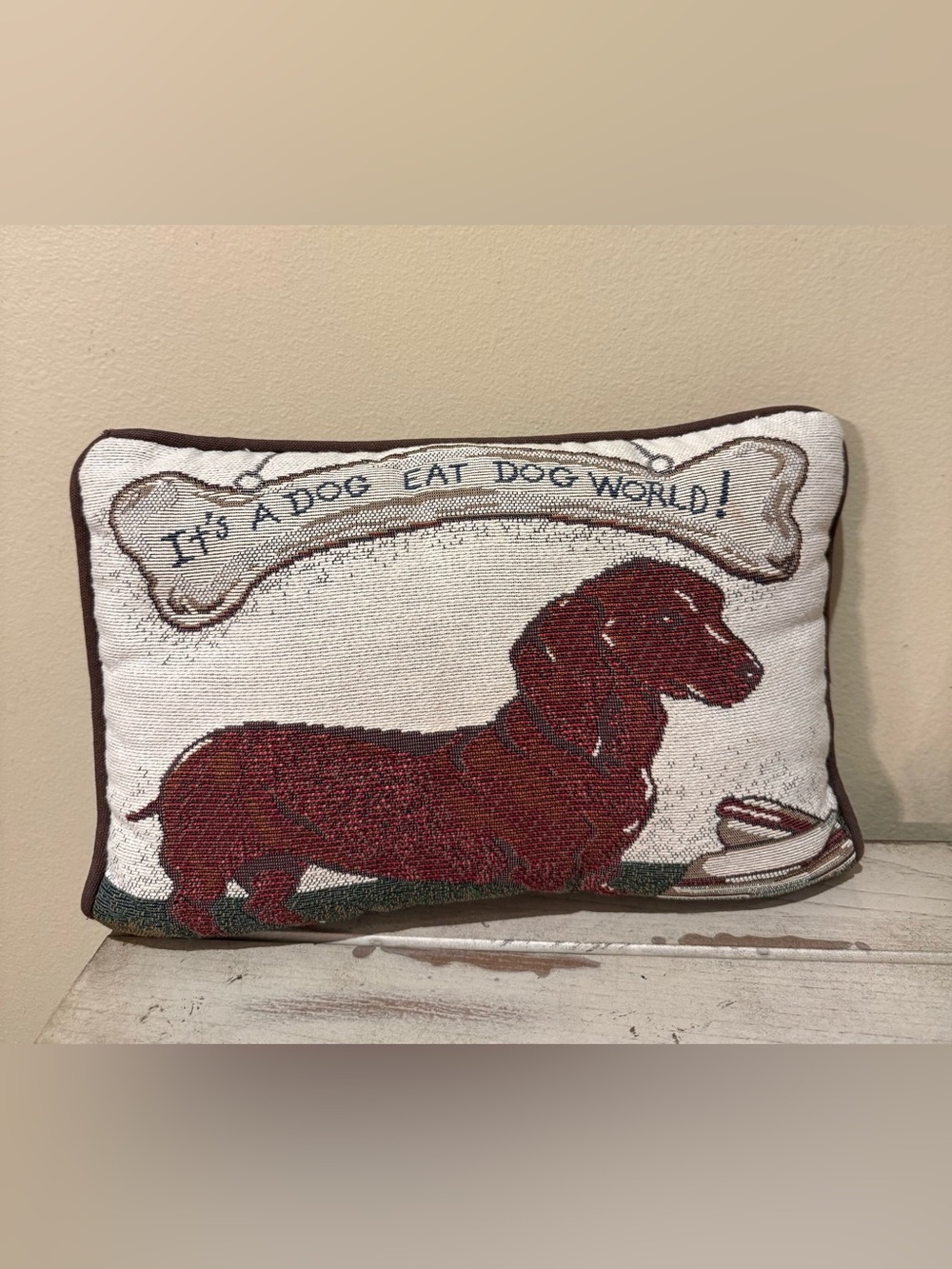 Vintage Dachshund Tapestry Accent Pillow It's A Dog Eat Dog World